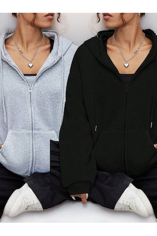 2'li Baskısız Fermuarlı Hırka Sweatshirt - Siyah Gri Oversize Kışlık Kalın Kapüşonlu Siyah Gri