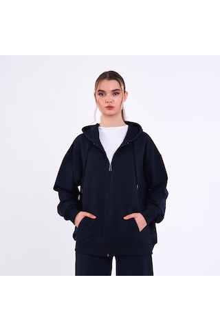 Mmetalic Kadın Lacivert Normal Kalıp Basic Beli Lastikli Kapüşonlu Oversize Mevsimlik Alt Üst Eşofman Takımı