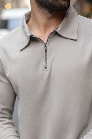 Madmext Boyalı Gri Yarım Fermuarlı Polo Yaka Dokulu Erkek Sweatshırt E7197