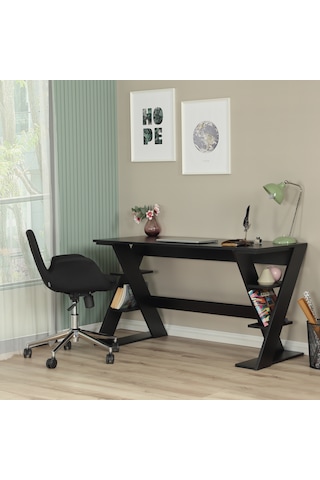 Pasific Home Lungo Raflı Çalışma Masası, Ofis Masası, 60X140 Cm, Siyah