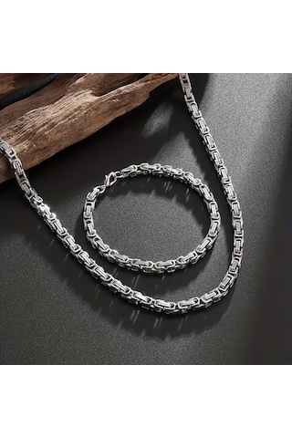 Silver Renk Tamamı Saf Çelik Kral Erkek Kolye Bileklik Set 4mm Gümüş
