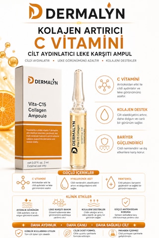 Dermalyn 5 Adet Kolajen Artırıcı C Vitamini Cilt Aydınlatıcı Leke Karşıtı Ampul Serum Dermaroller Dermapen