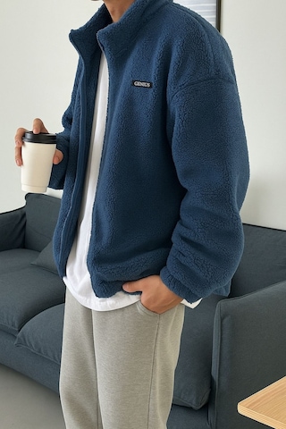 Genius Store Oversize Peluş Tam Fermuarlı Sweatshirt Peluş İçi Polarlı Sherpa Kumaş Sweatshirt İndigo