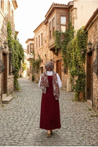 Unika Boutique Tesettür Askılı Jile Elbise Dokuma Bordo