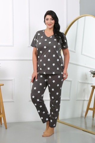 Akbeniz Kadın Büyük Beden Kısa Kol Penye Pijama Takımı Füme 202407-füme Füme