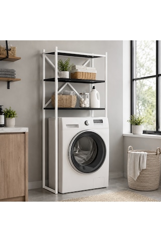 Braga Metal 3 Çamaşır Makinesi Üstü Düzenleyici Raf Beyaz Banyo Düzenleyici Dolap Beyaz - Siyah