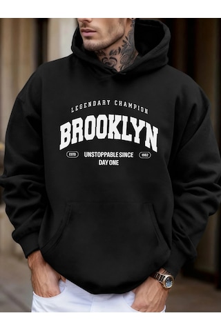 Tarzsokak Brooklyn Unstoppable Since Day One Baskılı Sokak Modası Kapüşonlu Üst Erkek Günlük Polar Tişö Siyah