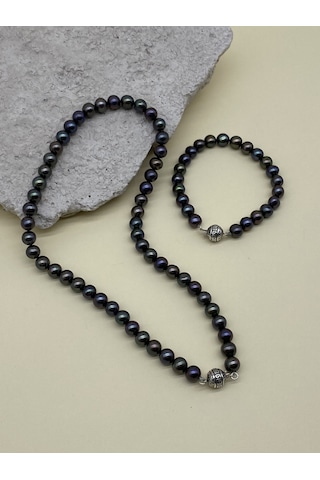 Siyah Doğal İnci Erkek Kolye Bileklik Set Gümüş