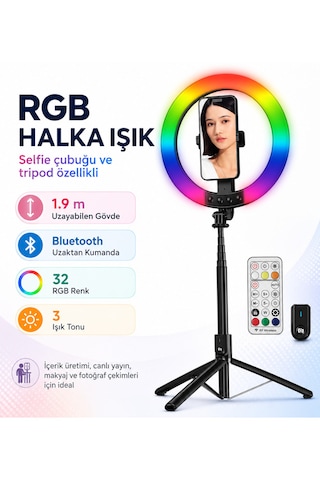 1,9 Metre Rgb Halka Işık Selfie Çubuğu Ve Tripod, 32 Renkli Led Ring Light, Bluetooth