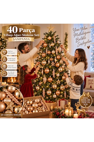 40 Parça Şampanya Yılbaşı Ağacı Süsleme Seti Zarif Top, Yıldız, Damla Ve Dekoratif Süsler 3 CM