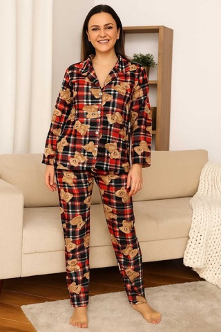 Tenra Kadın Pijama Takımı Boydan Düğmeli Süet Ayıcık Desenli Kırmızı