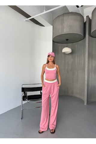 Kadın Çift Kat Detaylı Modal Dokulu Alt Üst Takım Pembe