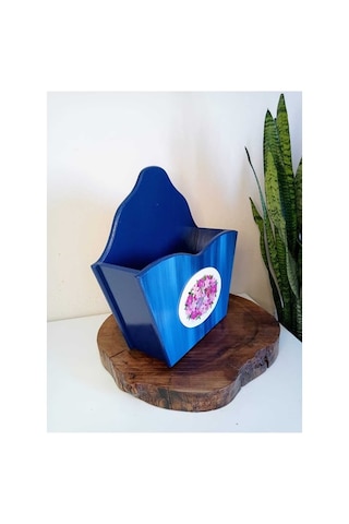 El Boyaması Ahşap Kapı Önü Ekmek Sepeti Mavi