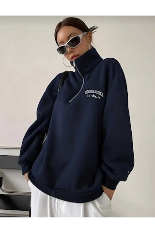 Kozia Outdoors Malkoçbey Nebraska Baskılı Dik Yakalı Fermuarlı Oversize Unisex Sweatshirt Lacivert Lacivert