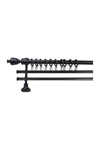 Siyah Efil Demonte Başlıklı Ahşap Rustik Perde Askısı - Çift Raylı - 300 Cm