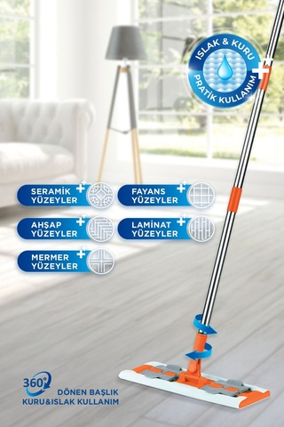 Famous+ Düz Mop Yer Temizlik Sistemi, Islak Ve Kuru Kullanım, 360 Döner Başlıklı Pratik Paspas