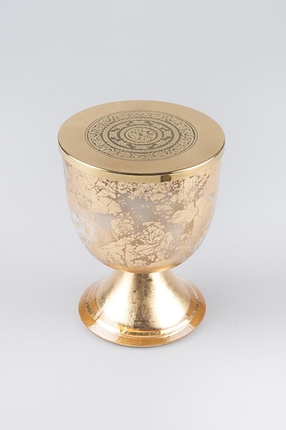 Altın Varak Eskitme Ayaklı Cam Mumluk Kokusuz Mum Logo Kapaklı Orta 12x15 Cm