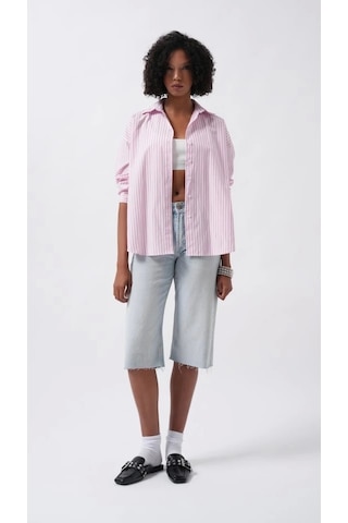 Defymoda Çizgili Detay Oversize Gömlek Pembe