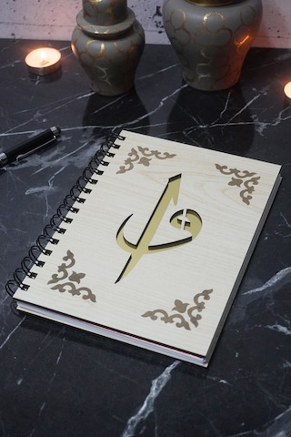 Elif Vav Desenli Ahşap Kapaklı Defter - Ajanda - Günlük - Çizgisiz Defter, Hediyelik Defter