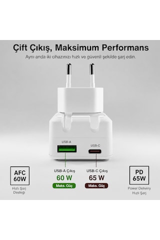 Sbs 65w Gan Katlanabilir Şarj Adaptörü Usb-c Pd 65w + Usb-a 18w Katlanabilir Fiş Laptop, Tablet Ve Telefon Uyumlu