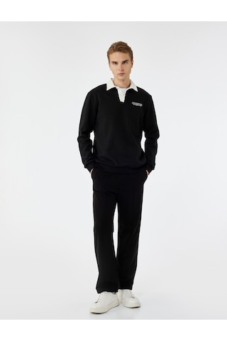 Koton Uzun Kollu Pamuklu Düğmeli Nakışlı Renk Kontrastlı Polo Yaka Sweatshirt Siyah 6wam70056mk Siyah