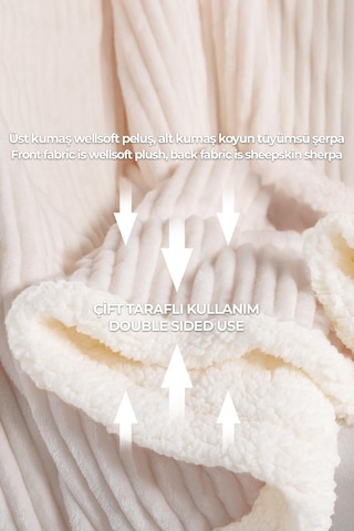 Sherpa Battaniye Çift Kişilik Çizgili Yumuşak Peluş Wellsoft Yatak Örtüsü Krem