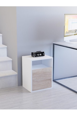 Detamob Kapaklı Raflı Komodin, %100 Mdf Sonoma/beyaz & Karbon Gri/sonoma Beyaz