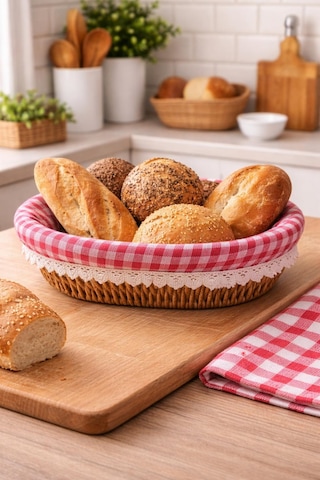 Şık Tasarımlı Oval Ekmeklik Rattan Pöti Kare Kumaşlı Ekmek Sepeti Çok Renkli