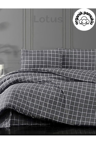 Lotus Home Minikaro Çarşafsız Pamuklu Tek Kişilik Nevresim Seti Füme