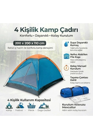 4 Kişilik Kamp Çadırı Manuel Kurulum Düz Kapılı Outdoor Dayanıklı Kamp Doğa Çadırı 200 X 200 X 110 C Çok Renkli