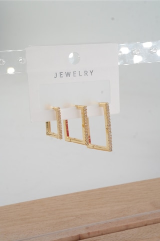 Byzeynaaksesuar Kadın Özel Tasarım Zirkon Taşlı 3'lü Minimal Küpe 0020 Çok Renkli