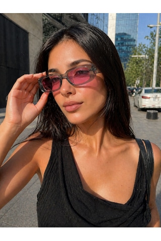 Kadın Şeffaf Güneş Gözlüğü Siyah Cam Dikdörtgen Çerçeve Retro Y2k Vintage Uv400 Gri - Pembe