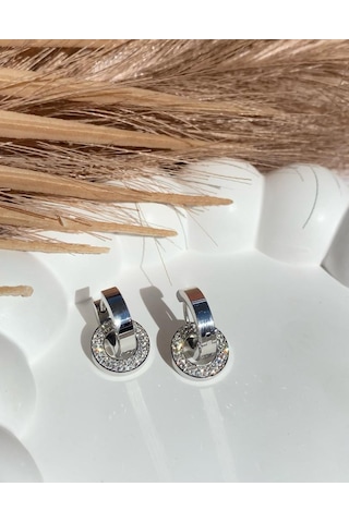 Gümüş / Silver Renk Zirkon Taşlı Diskli 316l Çelik Küpe Gümüş