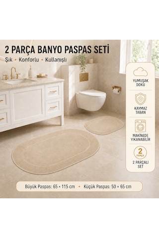 Rixos 2'li Banyo Halısı Paspası Seti Kaymaz Tabanlı Klozet Takımı Bej