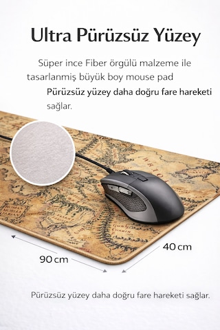 90x40 Xxl Gaming Mouse Pad Antik Harita Desenli Kaymaz Taban Büyük Boy Oyuncu Mousepad 90cm X 40cm