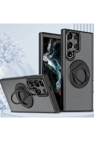 Galaxy S24 İle Uyumlu Kılıf 360 Dönen Magstand Kılıf Yüzüklü Parmak Geçmeli Stand Olabilen 2mm Çıkıntı Kamera Koruma Magsafe İle Uyumlu Matte Ring Kapak Black
