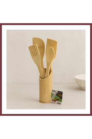 Storeşahin Ahşap Bambu Mutfak Servis Seti 5 Parça Kaşık, Çatal, 2 Spatula, Stand 27.5/30 Cm Shn0720