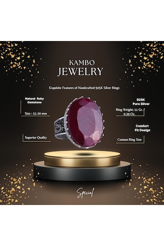 Gerçek Doğal Taş Yüzüğü - 925 Ayar Gümüş Büyük Yüzük - El Yapımı Yüzük Yakut Gümüş