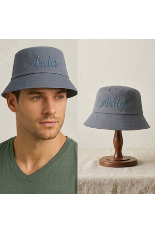 Bk Gift Kişiye Özel İsim Nakışlı Unisex Bucket Şapka Mavi Pamuk Gabardin Kumaş Yazlık Şapka