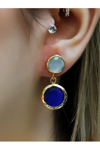 İkili Yuvarlak Modelli Kedigözü Cam Gold Kaplamalı Kadın Küpe Euku25bm Mavi