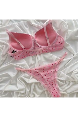 Love Secret Minik Kalp Desenli Tül Dolgulu Destekli Sütyen Tanga Takım Pembe