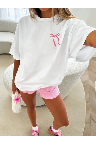 Primemagazam Kadın Tişört Fiyonk Baskılı Bisiklet Yaka Yazlık Kısa Kol Oversize T-shirt - Beyaz Çeşitli