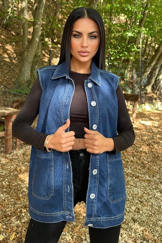 WeShaya Mavi Denim Kolsuz, Düğmeli, Geniş Cepli Uzun Kot Yelek Mavi