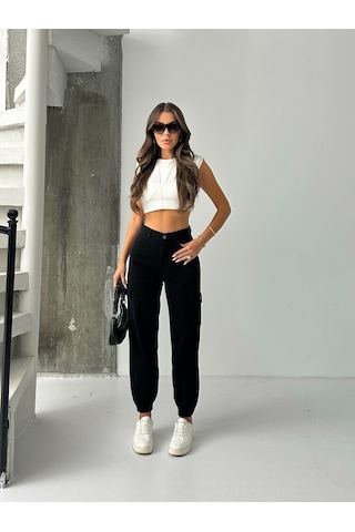 Kadın Paça Lastik Kargo Cep Keten Mom Pantolon Siyah