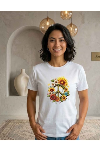 Kadın Bisiklet Yaka Ayçiçeği Ve Barış Logo Desenli Dijital Baskılı T-shirt Beyaz