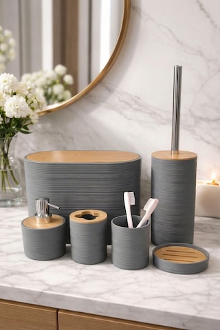 Makri Home 6 Parça Gri Banyo Seti, Bambu Detaylı, 8l Çöp Kovası 24x26x16 Cm