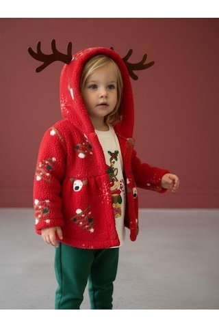 Zekids Kız Bebek Peluş Montlu Yılbaşı Temalı 3'lü Eşofman Takım-16559 Kırmızı