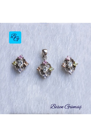 Dört Tırnaklı Dikdörtgen Renkli Taşlı Set Rose Gold - Gümüş