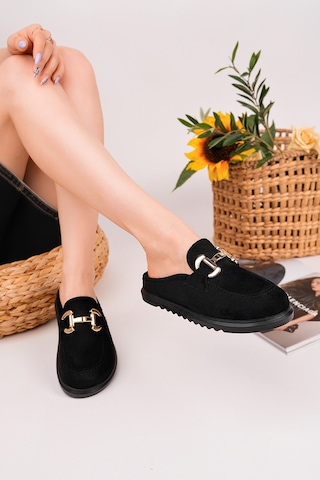 Muggo Carleen Süet Deri Gold Tokalı Günlük Rahat Önü Kapalı Kadın Loafer Terlik Siyah