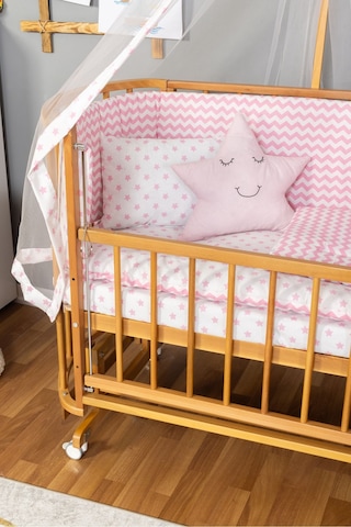 Ahşap Beşik Anne Yanı Beşik Doğal Vernikli 60x120 Pembe Yıldız Uyku Seti Yatak Tekerlekli Ahşap